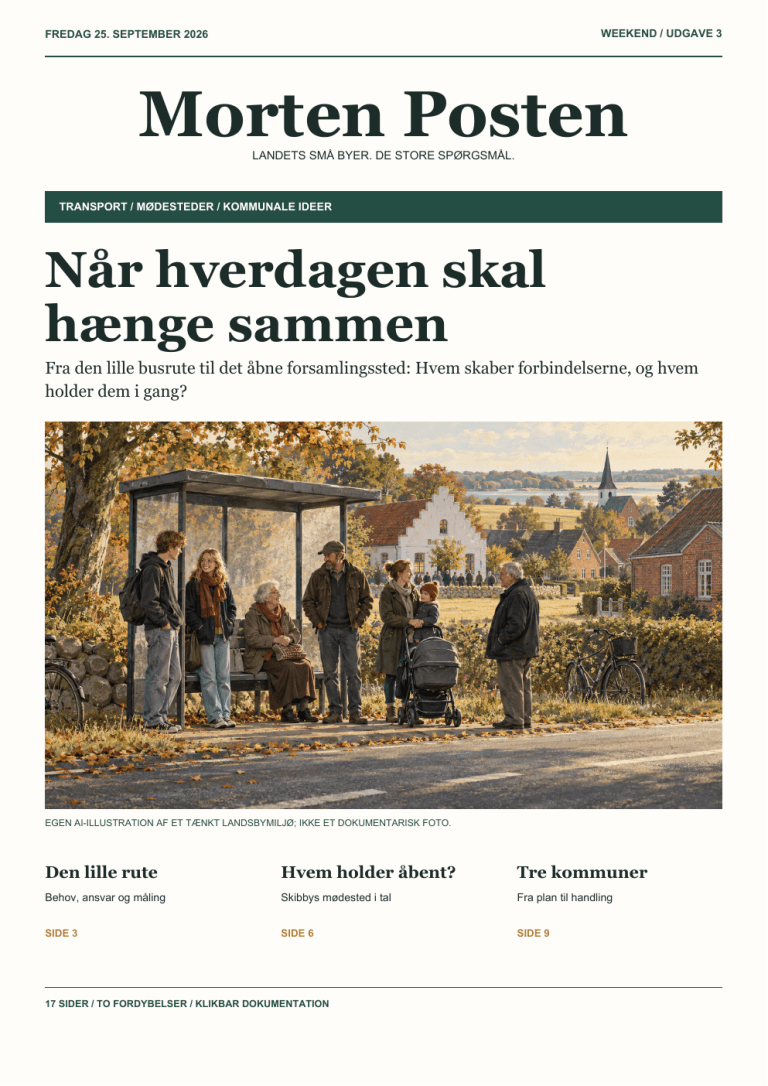 Forsiden af Morten Posten, udgave 3, 25. september 2026. Egen AI-illustration.