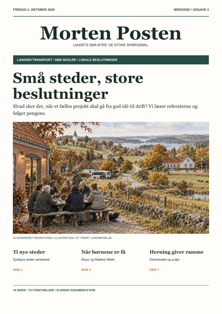 Forsiden af Morten Posten, udgave 4, 2. oktober 2026. Illustration af et dansk landsbymiljø.